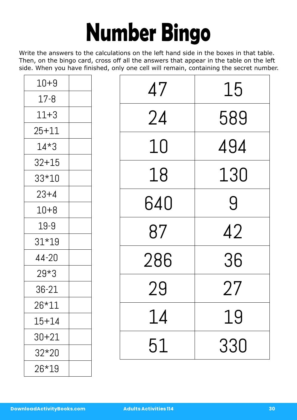 Number Bingo in Adults Activities 114