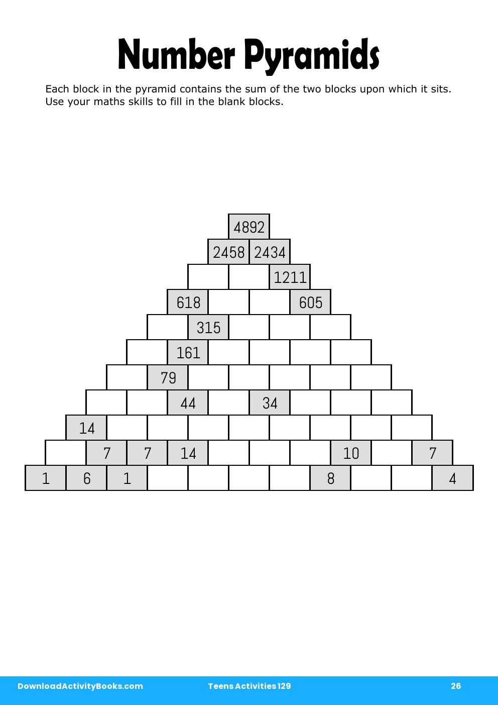 Number Pyramids in Teens Activities 129