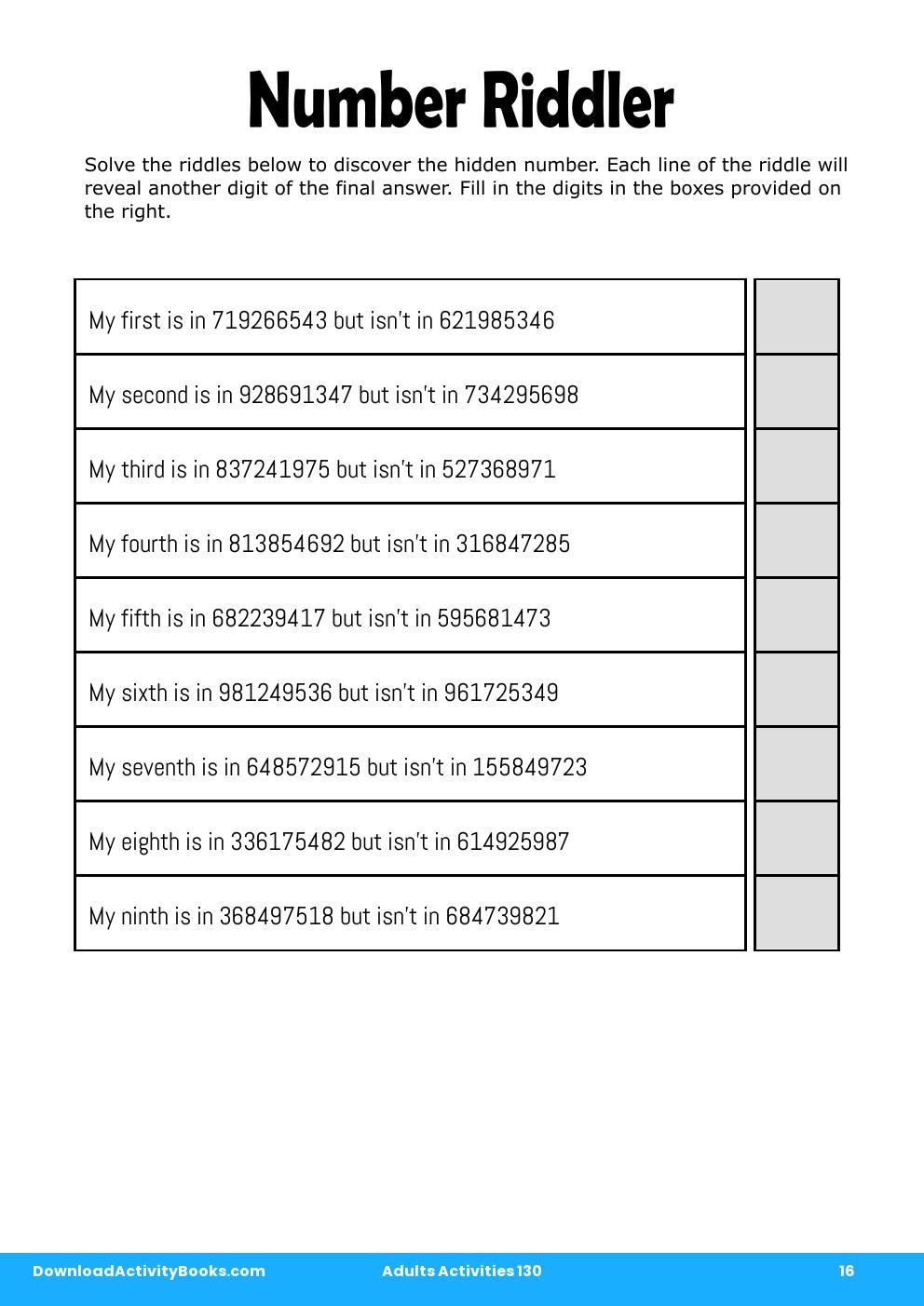 Number Riddler in Adults Activities 130