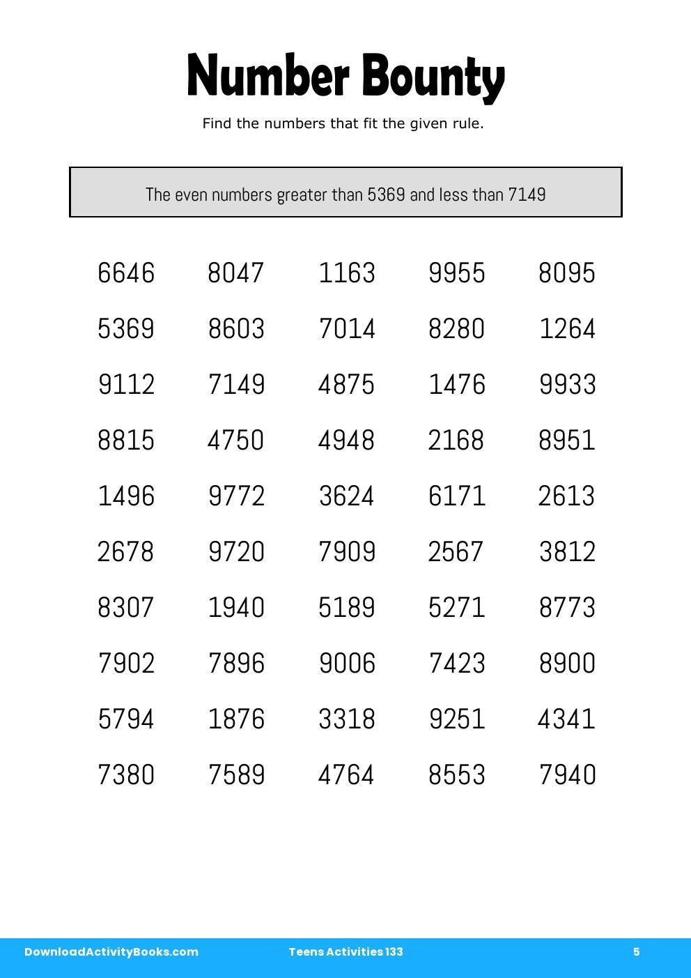 Number Bounty in Teens Activities 133