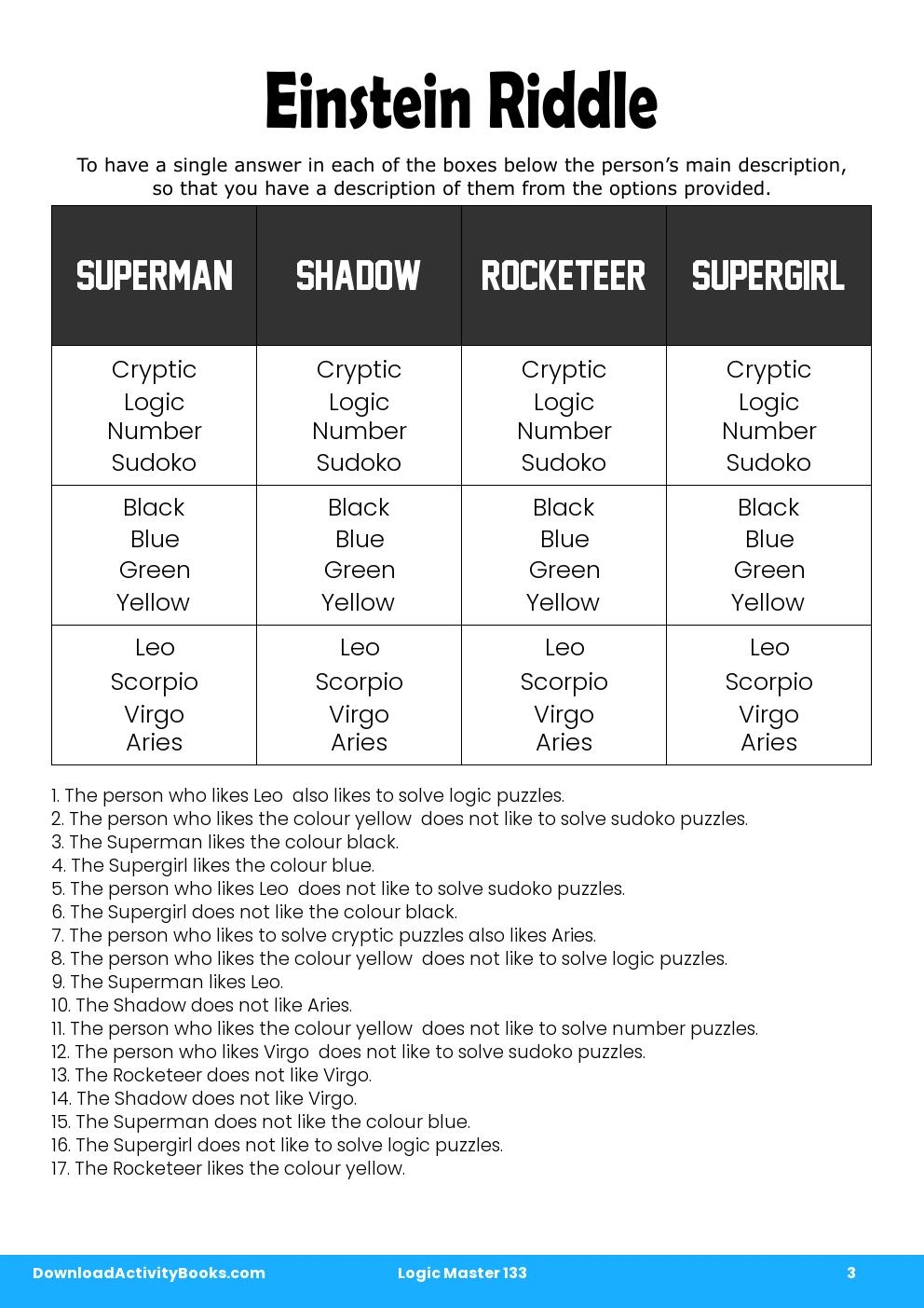 Einstein Riddle in Logic Master 133