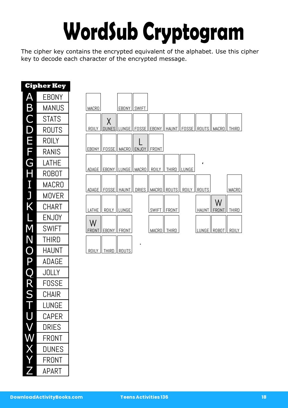 WordSub Cryptogram in Teens Activities 136