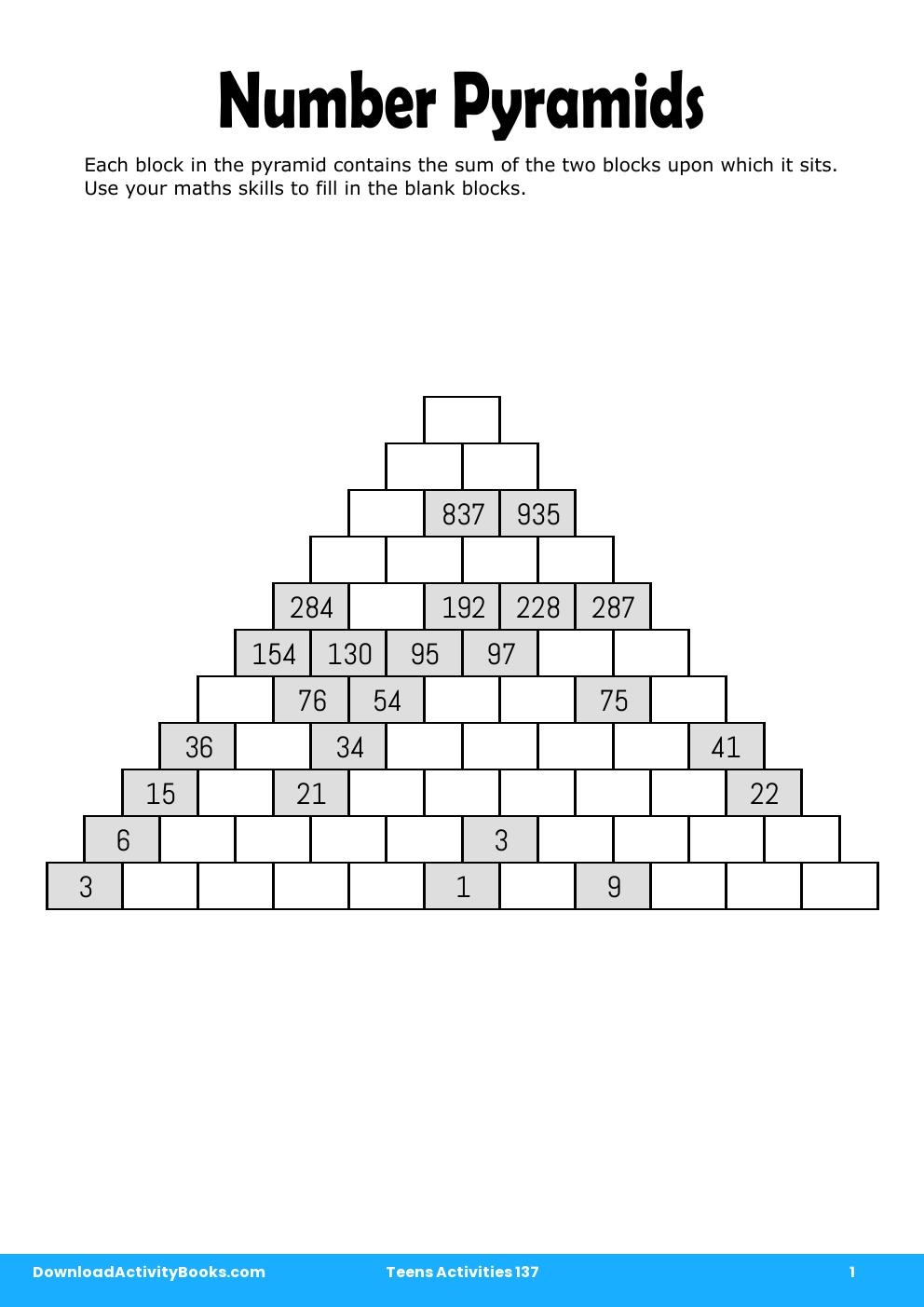 Number Pyramids in Teens Activities 137