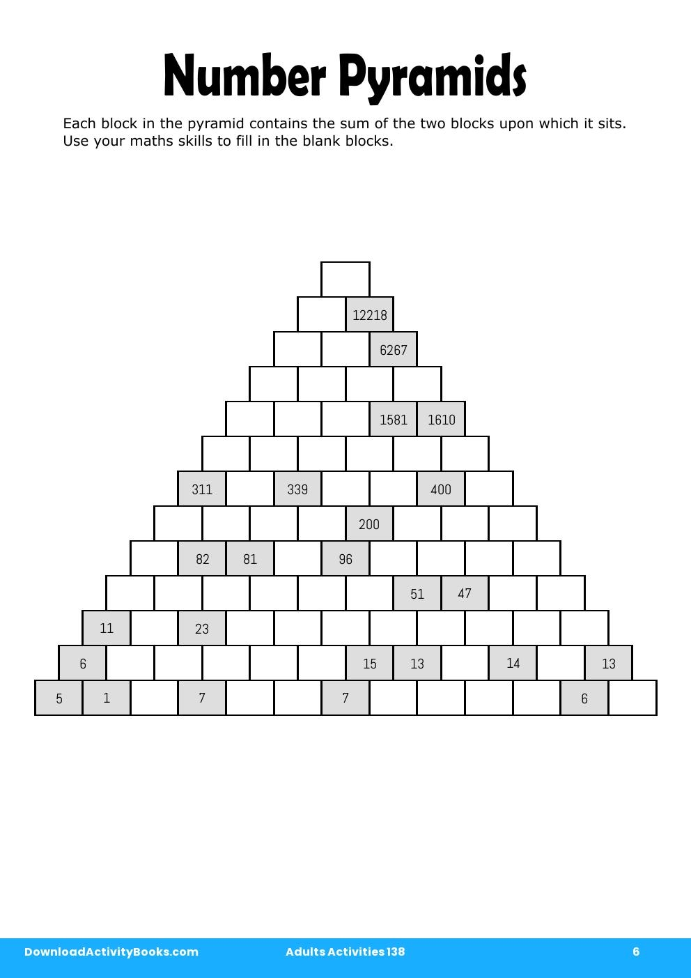 Number Pyramids in Adults Activities 138