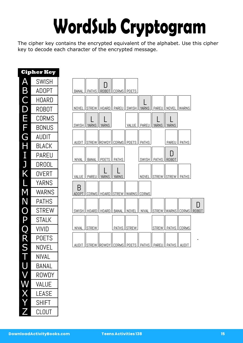 WordSub Cryptogram in Teens Activities 138