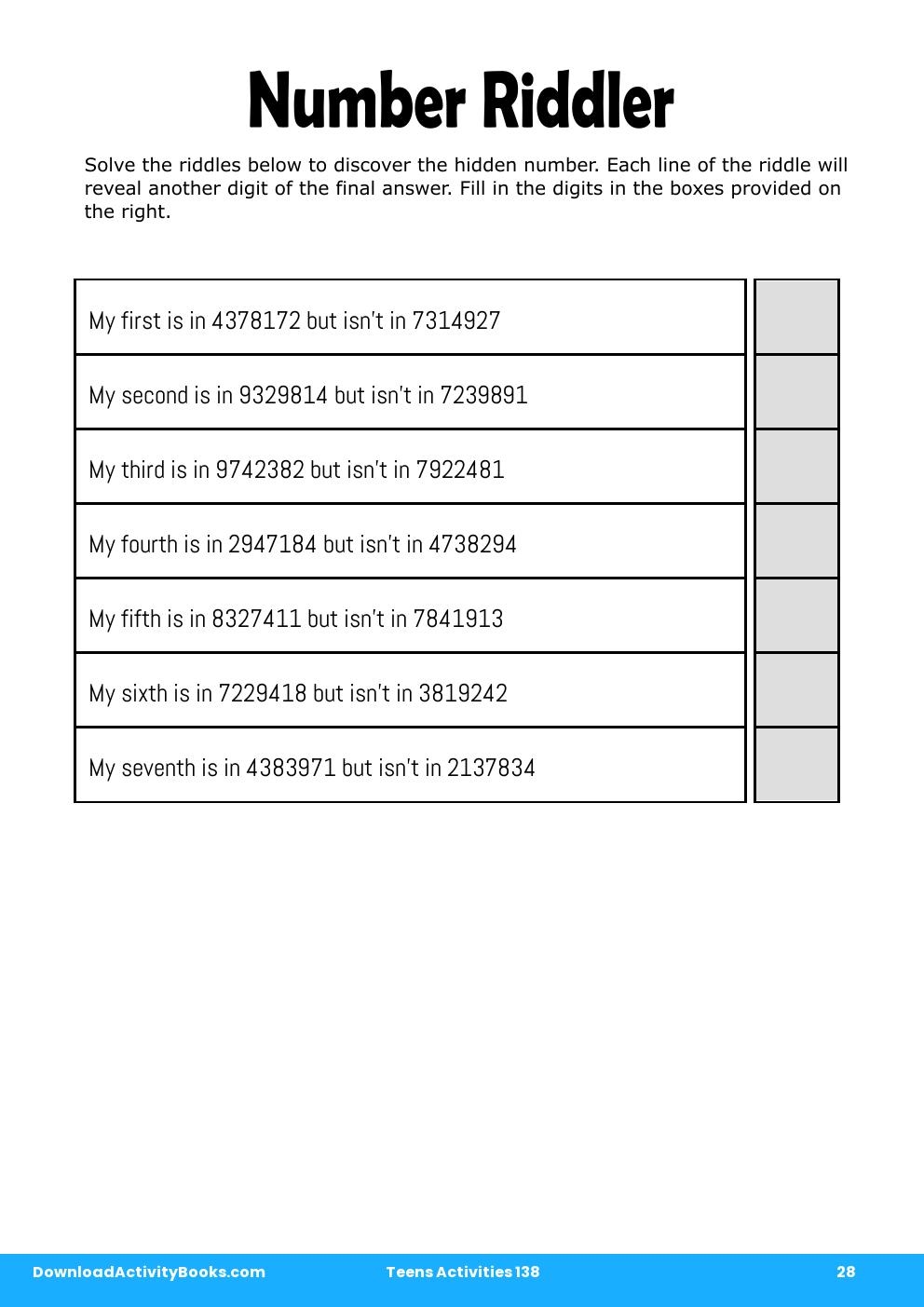 Number Riddler in Teens Activities 138