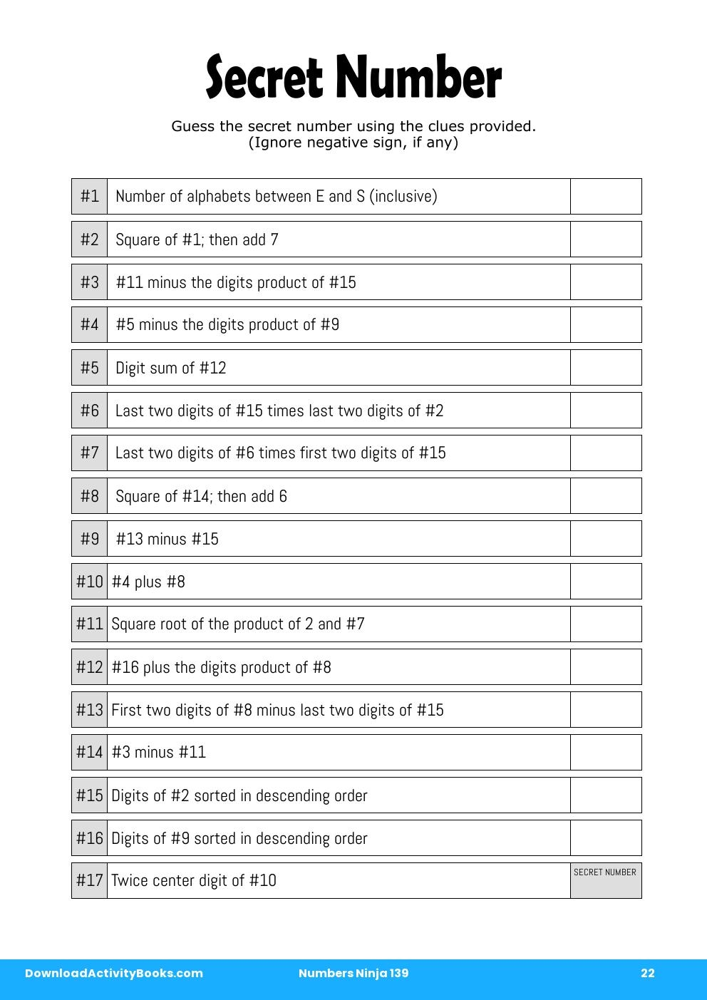 Secret Number in Numbers Ninja 139