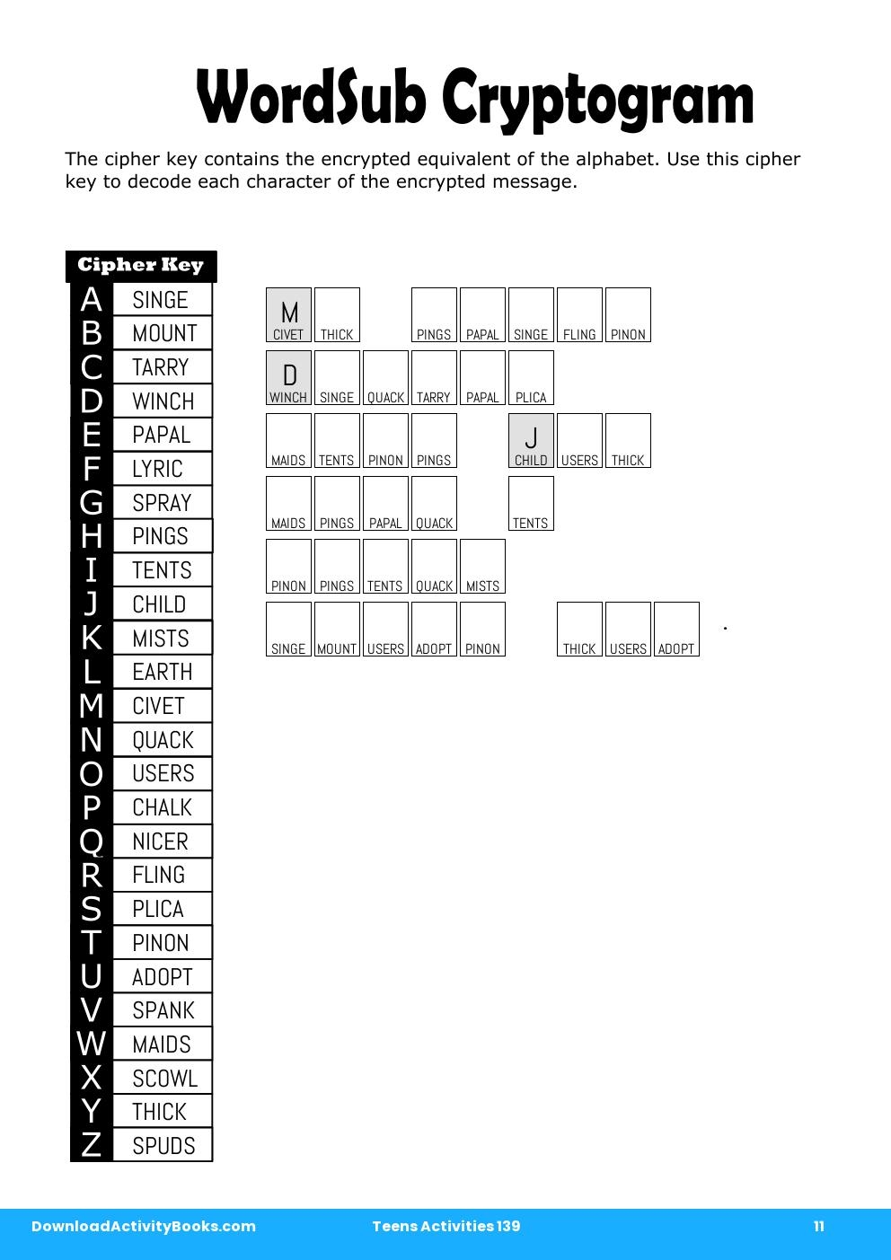 WordSub Cryptogram in Teens Activities 139