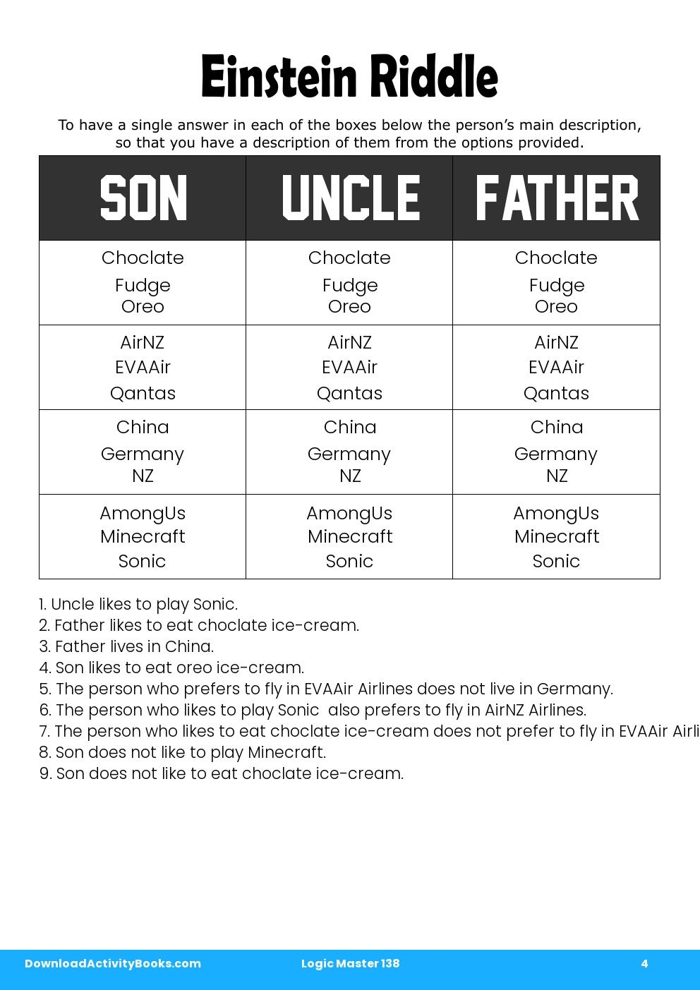 Einstein Riddle in Logic Master 138