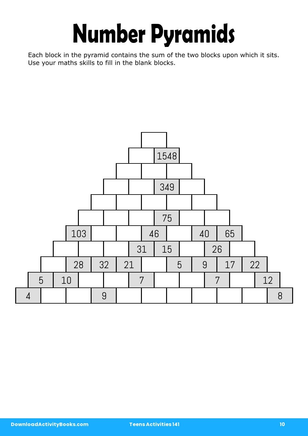 Number Pyramids in Teens Activities 141