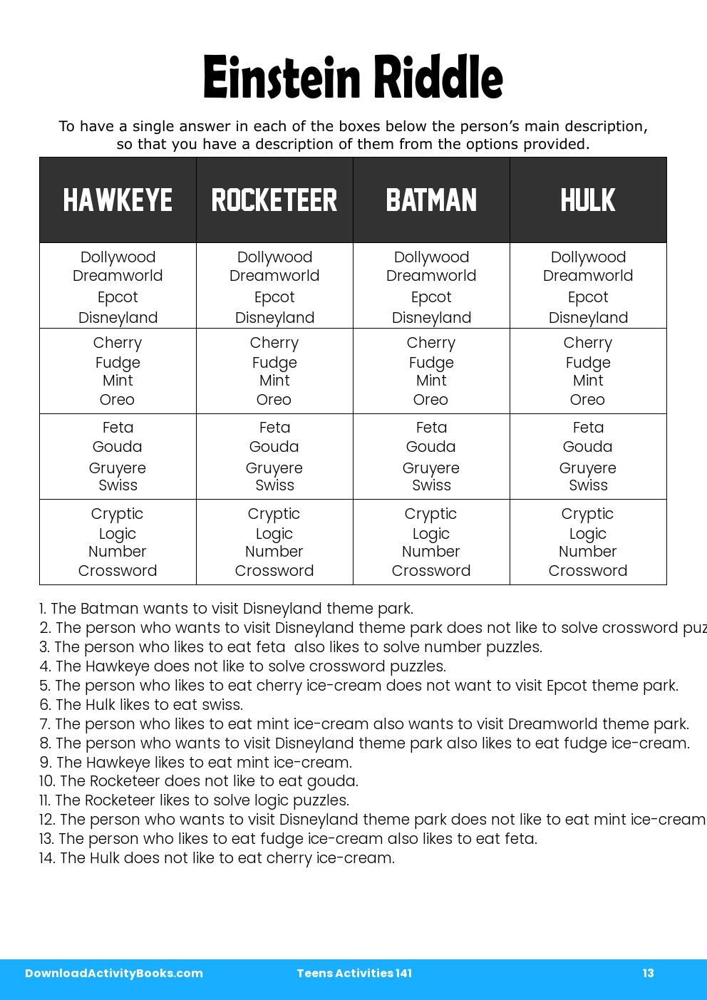 Einstein Riddle in Teens Activities 141