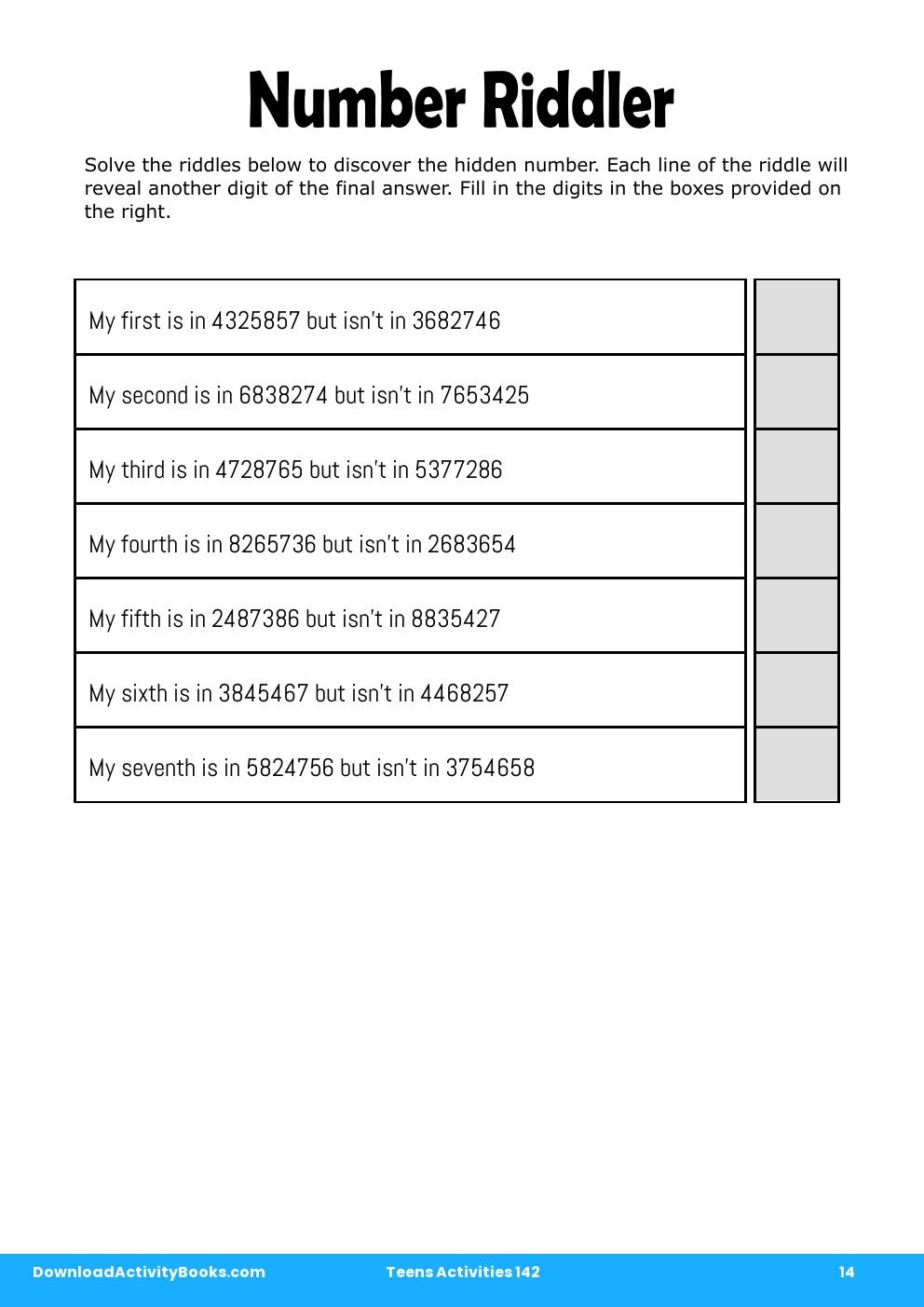 Number Riddler in Teens Activities 142