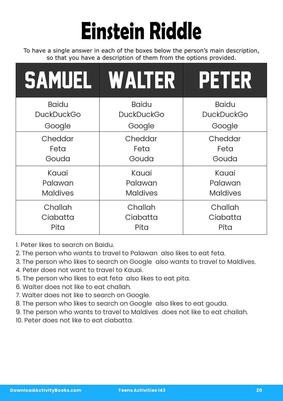 Einstein Riddle in Teens Activities 143