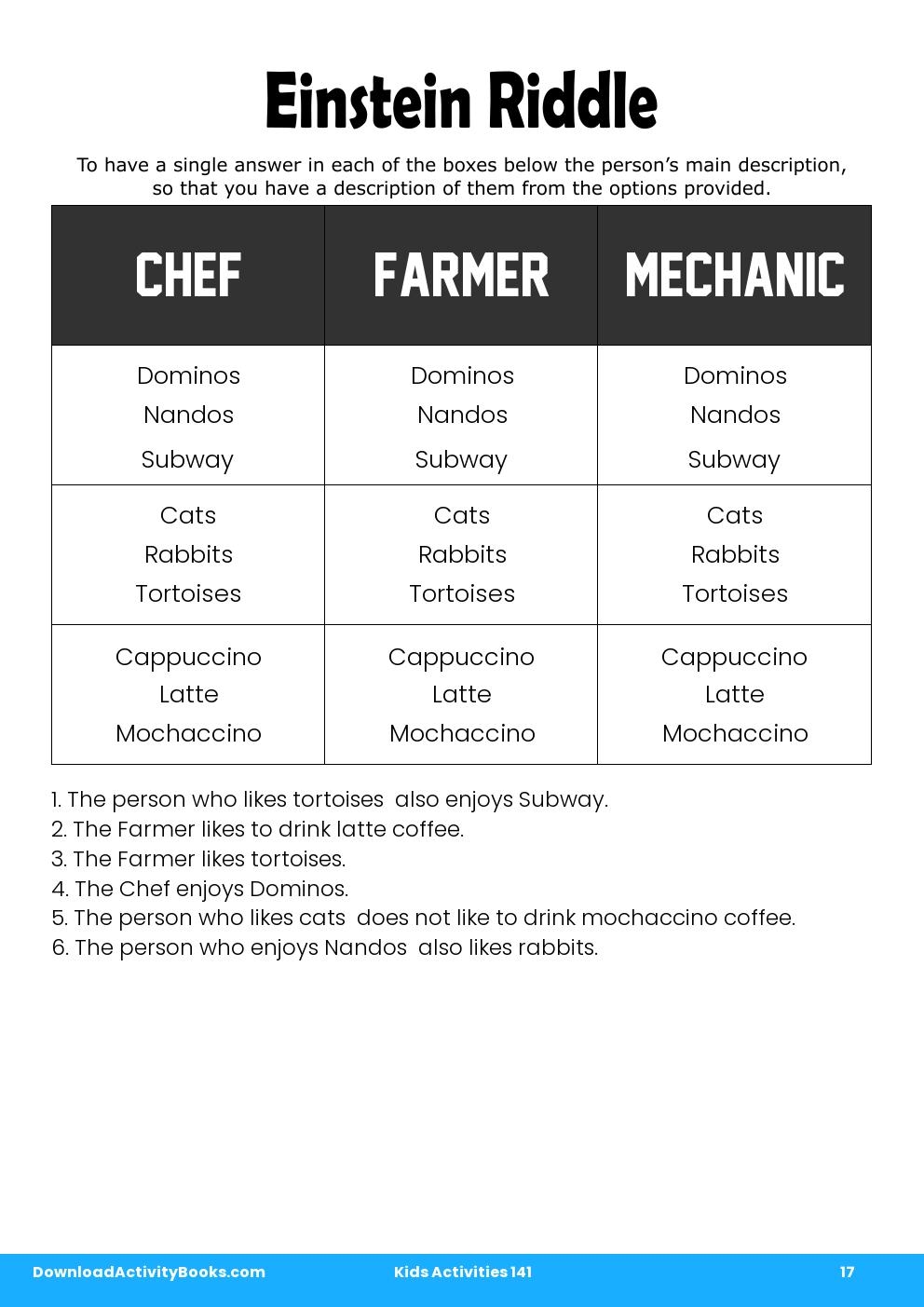 Einstein Riddle in Kids Activities 141