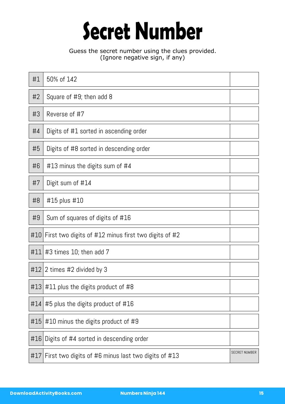 Secret Number in Numbers Ninja 144