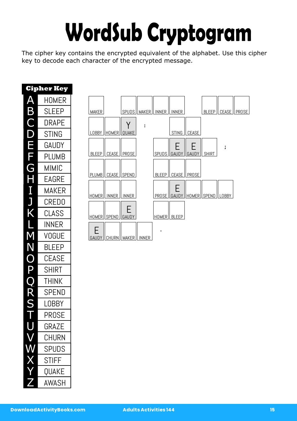 WordSub Cryptogram in Adults Activities 144