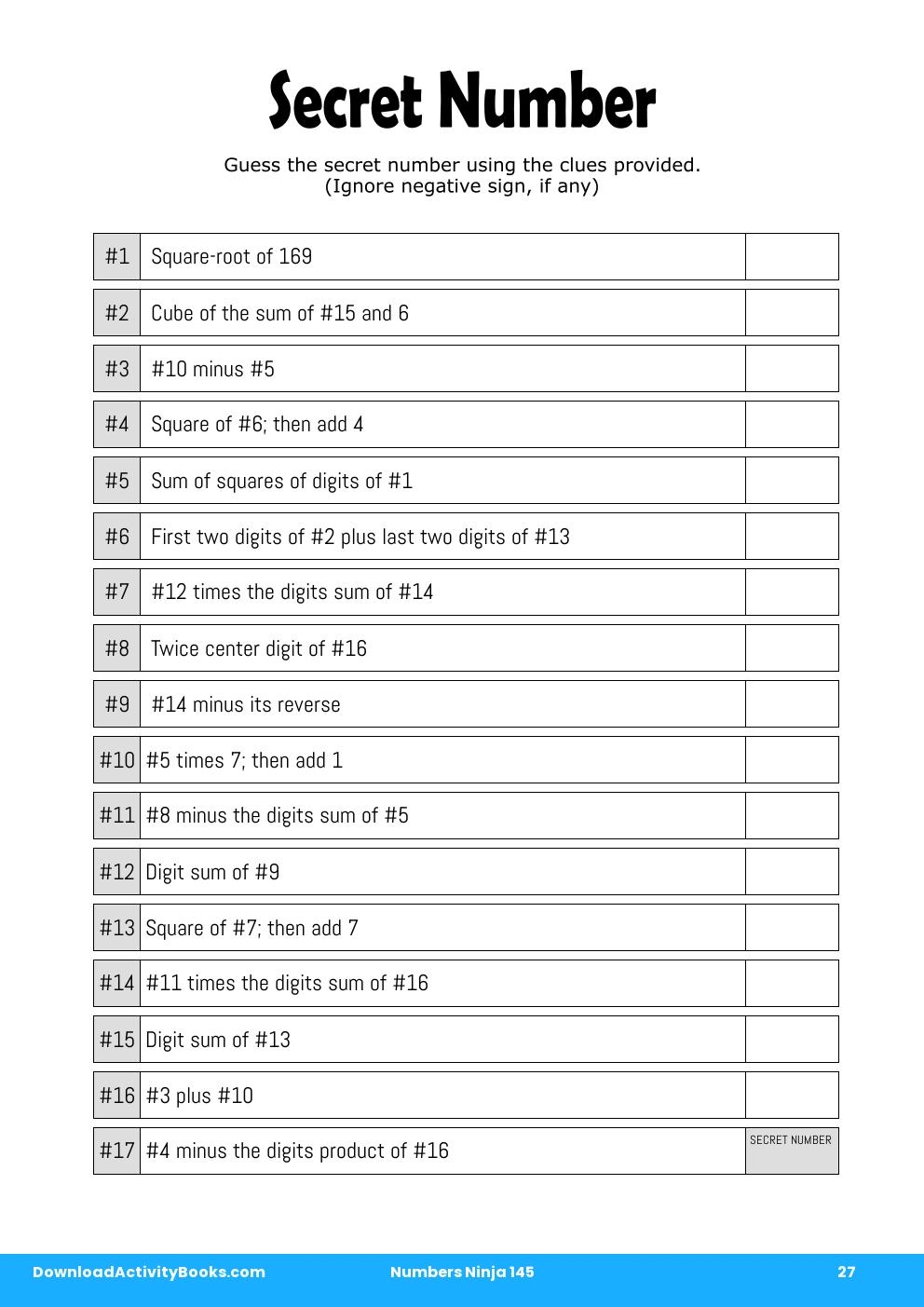 Secret Number in Numbers Ninja 145